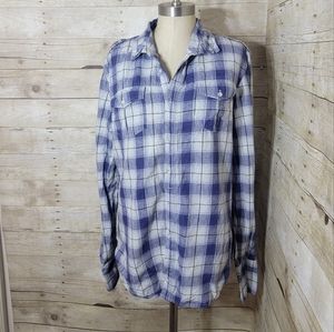The shirt, blue button down shirt. Size L